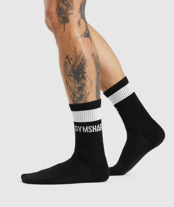 Panske Ponozky Gymshark Premium Logo Crew Čierne | YH4903756